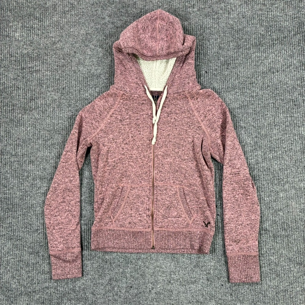 American Eagle Sherpa Lined Zip Hoodie Womens M Purple Knit Full Zip Jacket